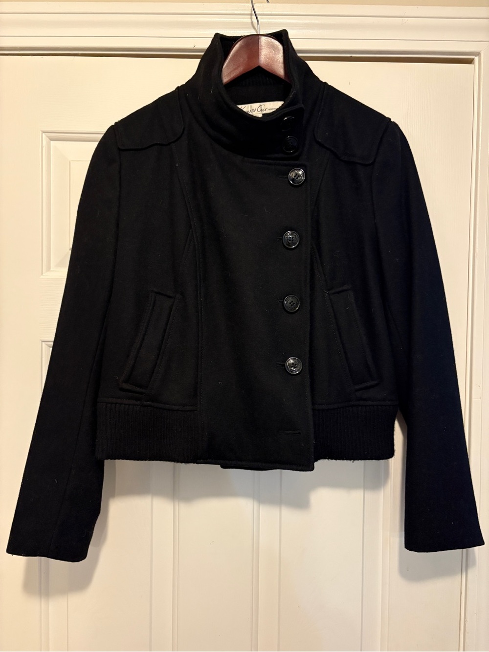 Kenneth Cole Wool Blend Black Short Peacoat with Funnel Collar PL
